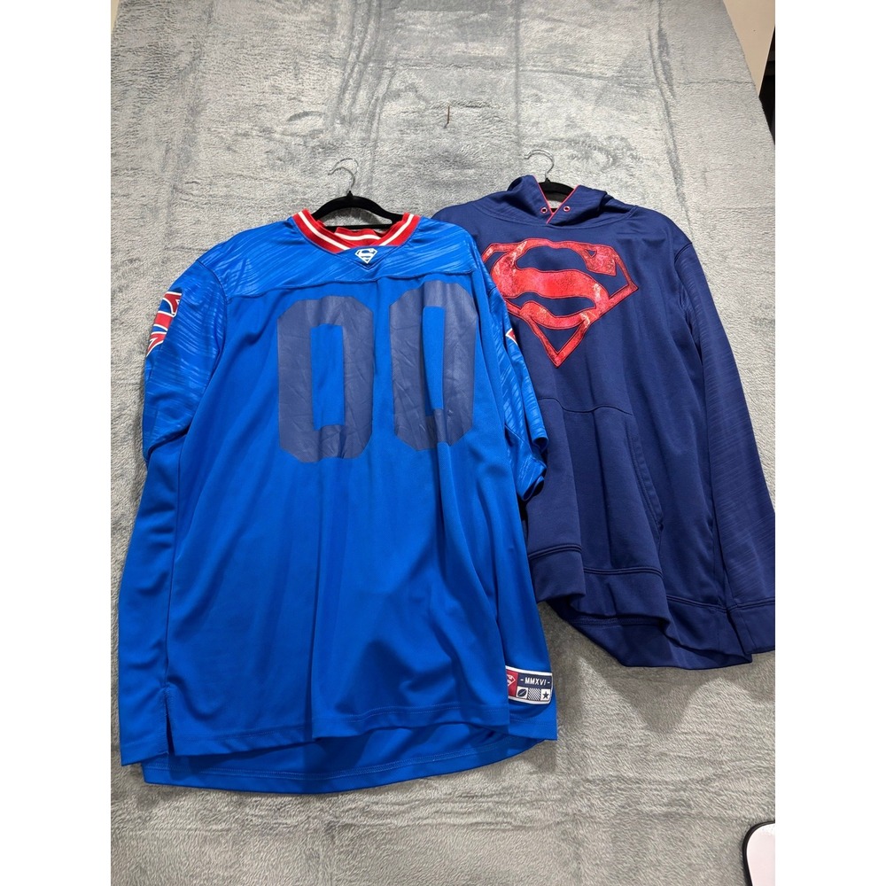 Superman 2 Piece Lot Mens L Blue Football Jersey 00 + Hoodie DC Comics Casual